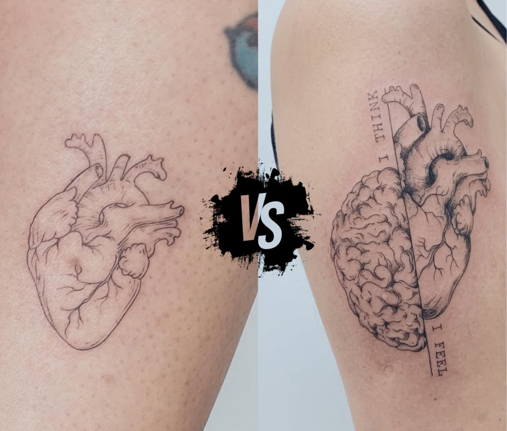 Comparação entre tatuagem minimalista de coração anatômico em traço único fine line e tatuagem fine line detalhada de coração e cérebro com texto I think I feel, executadas no estúdio Flag Haus em São Paulo