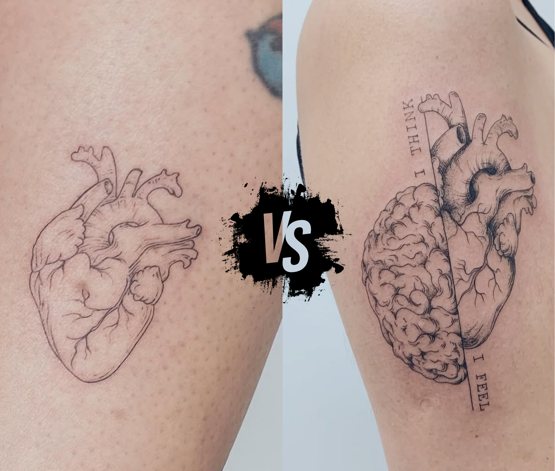 Comparação entre tatuagem minimalista de coração anatômico em traço único fine line e tatuagem fine line detalhada de coração e cérebro com texto I think I feel, executadas no estúdio Flag Haus em São Paulo